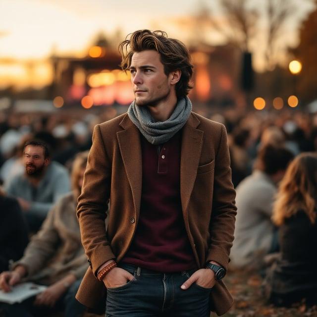 Depict a realistic image with a male person attending an outdoor concert at dusk in fall. The person has a medium-length undercut hairstyle with soft waves in chestnut brown color, wearing a brown tweed blazer, a burgundy henley shirt, dark wash jeans, a gray knit scarf, and brown leather Chelsea boots. Add a minimalist brown leather watch and a woven leather bracelet to complete the look.