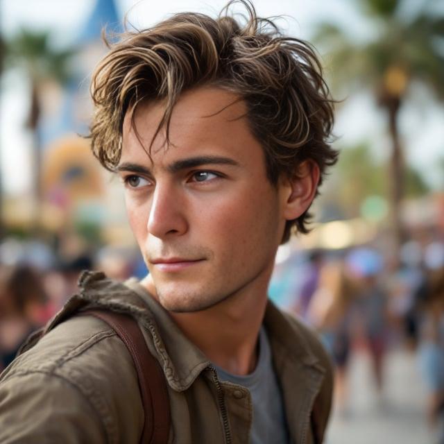 Create a realistic image with one male person only, showcasing a casual, laid-back hairstyle. The style should feature short, tousled layers with medium volume and a natural brown color with subtle highlights. The person should be dressed for a spring outing at Universal Studios, reflecting both comfort and style.