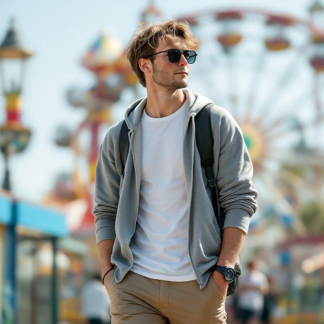 Depict a realistic image with a male person exploring an amusement park. He has a short, tousled hairstyle with subtle layers and sun-kissed highlights. His outfit includes a gray lightweight hoodie, a white cotton t-shirt, khaki chino pants, and white canvas sneakers. Accessories include a black leather wristwatch and minimalist black sunglasses.