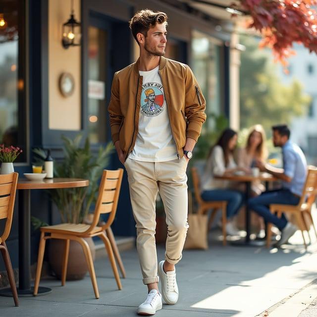 Depict a realistic image with a male person attending a casual café hangout, wearing a 'Spring Vanguard' outfit – a lightweight bomber jacket layered over a light-colored graphic tee, paired with pastel chinos and white canvas sneakers – and styled with a 'Urban Breeze' textured quiff haircut.