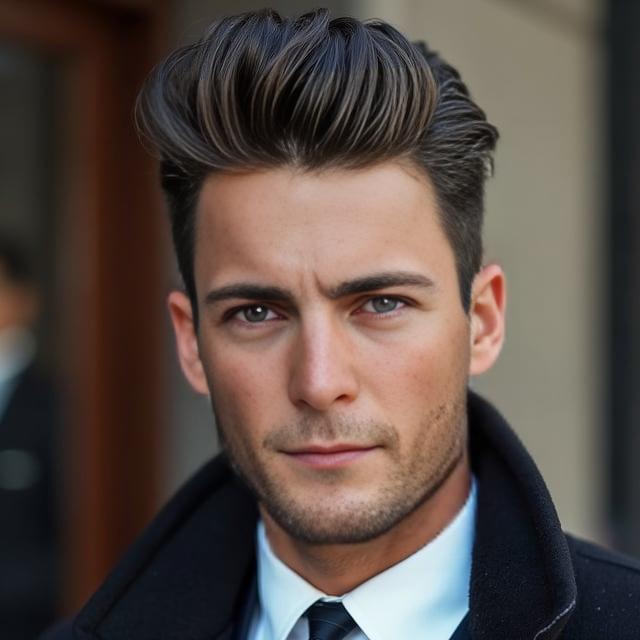 Create a realistic image with one person only, featuring a male with a side-parted pompadour hairstyle, natural dark hair with subtle ash highlights, medium length on top with tapered sides, with a sophisticated and refined finish, in a formal setting suitable for winter.