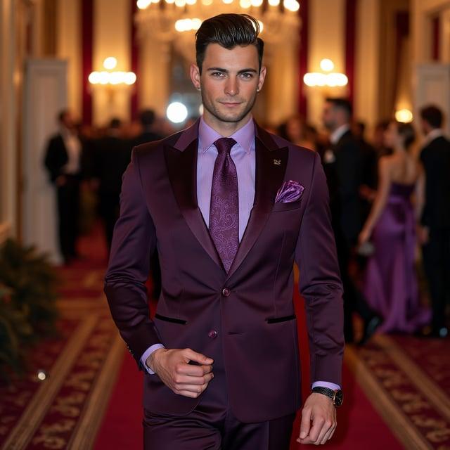 Depict a realistic image with a male person attending an elegant evening gala in a grand ballroom in winter. He sports a sleek, side-parted pompadour hairstyle, and wears a deep purple tailored wool-blend suit jacket and matching trousers, slim-fit lilac dress shirt, an eggplant purple silk necktie with subtle paisley, dark purple pocket square, polished black leather Oxford shoes, silver cufflinks with amethyst, a silver tie clip, and a minimalist silver watch with a dark leather strap.