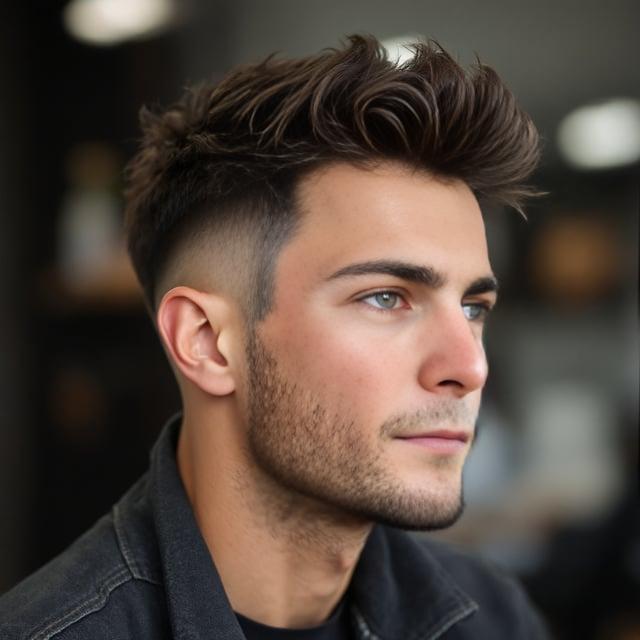 Create a realistic image with one male person only, showcasing a short to medium length hairstyle with a tousled quiff and moderate side fade, featuring natural dark brown color with subtle highlights, styled in a trendy and casual manner.