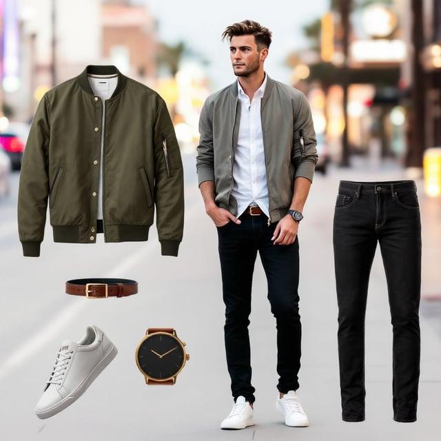 Depict a realistic image with a male person enjoying a night out in Las Vegas, wearing a light olive green bomber jacket, white button-up shirt, and slim-fit black denim jeans. The person has a Vegas Urban Flair hairstyle, with a slightly tousled quiff and moderate side fade. Complement the look with white leather low-top sneakers and subtle accessories like a minimalist watch and leather belt.