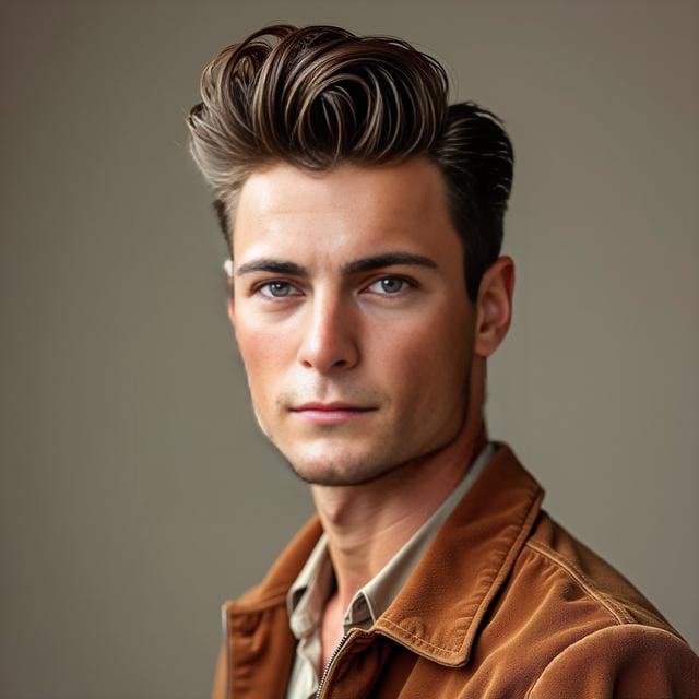 Create a realistic image with one person only who has a male appearance, featuring a slicked-back wavy pompadour with subtle caramel highlights and medium length on top, paired with neat, tapered sides. The individual should have an oval face with a similar appearance to the provided photo, incorporating a retro and funky style indicative of a male disco outfit.