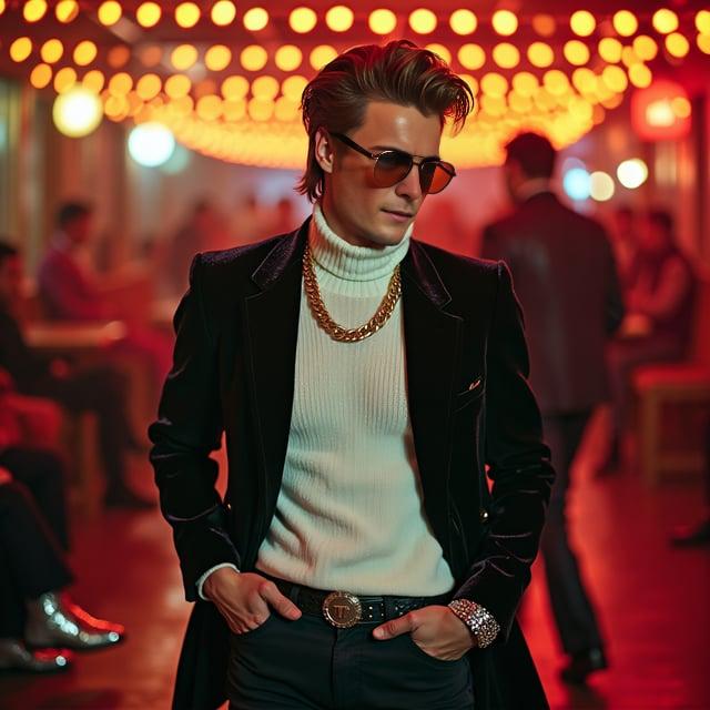 Depict a realistic image with a male person stepping into a vibrant 1970s disco club, wearing a slicked-back wavy pompadour hairstyle with subtle caramel highlights. The male person sports a black retro sequin blazer over a slim-fit white roll-neck sweater paired with classic black bell-bottom trousers. His feet are donned in glittering silver platform shoes appropriate for a dance floor. He accessorizes with orange-tinted aviator sunglasses, a gold-toned thick herringbone chain necklace, and a studded leather wristband. The whole look should suggest a confident, retro, and funky impression suitable for a disco-themed costume party in winter.