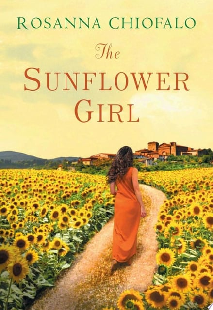 The cover features a sunflower field with a lone figure walking down a path, capturing movement and introspection. Behind them, a rustic Italian farmhouse is visible, illustrating the setting.