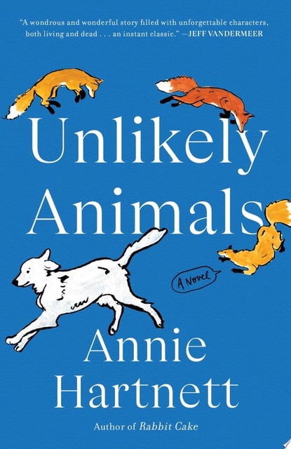 The cover features a bright blue background with simplistic, sketch-style drawings of a dog and several foxes. The animals are playfully arranged, adding a sense of movement and vitality.