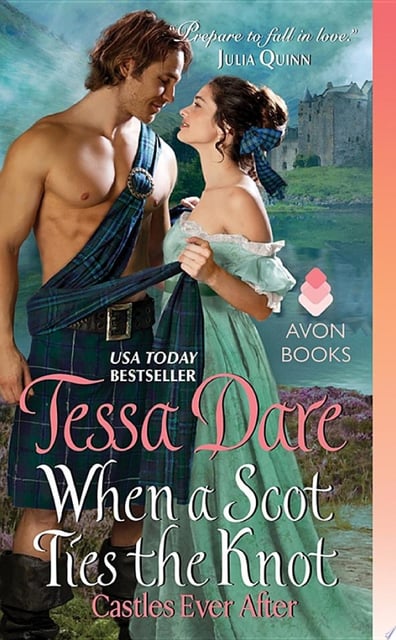 The cover features a romantic embrace between a man in a kilt and a woman in a period dress, set against a lush Scottish landscape. The focus on the couple conveys intimacy, while the castle in the background hints at the historical setting.