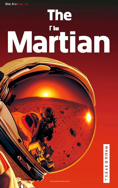 A close-up of an astronaut's helmet with a reflection of the red Martian landscape, showing isolation and resilience. The astronaut's visor has a subtle humorous touch, with a small smiley face sticker. The background is a gradient of red and orange tones.