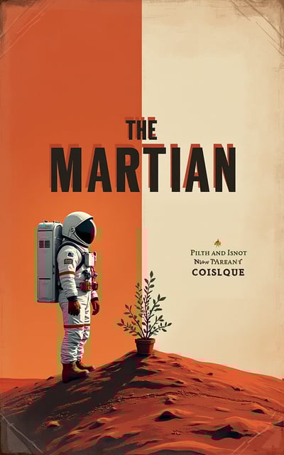 A lone astronaut stands on a small, reddish hill beside a green plant in a pot. The background is split vertically between orange and beige.    Large text at the top reads The Martian—perfect for showcasing with an AI-powered book cover maker.