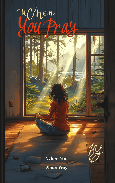 A softly lit room with a window overlooking a serene natural landscape. A person sitting in prayer position, bathed in warm light, with rays of light shining through the window.