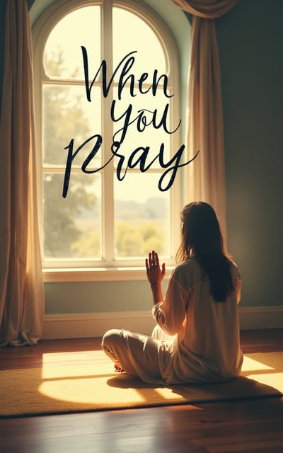 A woman sits cross-legged on the floor in front of a sunlit arched window with her hands raised in prayer. The words When you pray are written  above her in script, created using an AI-powered book cover maker.