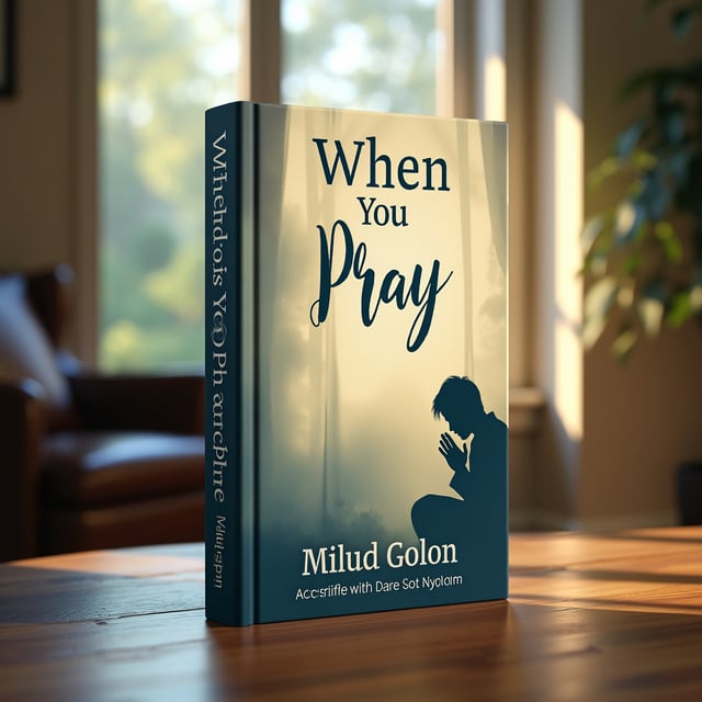 A book titled When You Pray by Milud Golon stands on a wooden table in a cozy, sunlit living room. The cover features the silhouette of a   person kneeling in prayer against a soft, serene background.