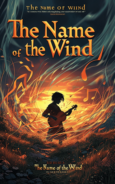 The cover features a mesmerizing landscape, with swirling winds and a hint of magic in the air. In the center, a silhouette of a young man is seen playing a lute, surrounded by ethereal musical notes. The title "The Name of the Wind" is placed at the top, complemented by intricate wind-inspired typography.