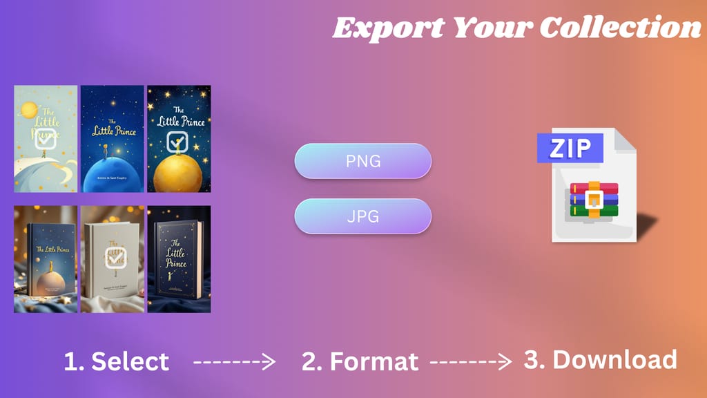 A screenshot of the CoverDesignAI gallery showing multiple images being selected for a batch download.