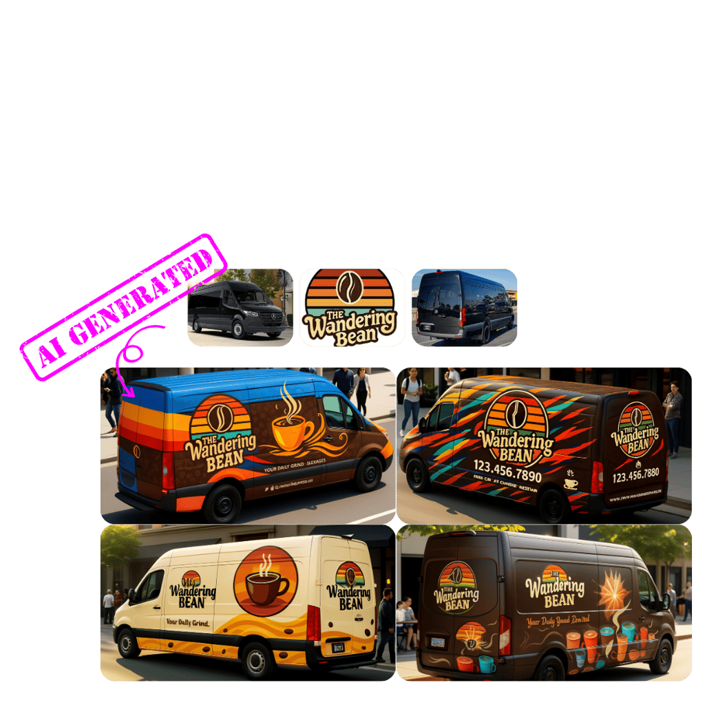 A collection of futuristic cybertrucks in various bold colors including purple, teal, black, and red, parked in diverse scenic settings like cityscapes, snowy areas, and nighttime, labeled 'AI Generated' in parts