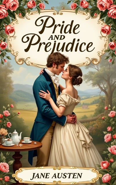 A romantic illustration of a man and woman in Regency-era clothing embrace outdoors, roses framing them with a tea set nearby—designed using    an AI-powered book cover maker. The book cover reads Pride and Prejudice by Jane Austen.