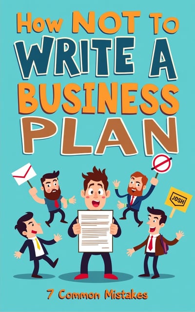 Illustration of five cartoon men in business suits, one holding a large document, surrounded by floating icons like an envelope and a “no”  symbol. Bold text reads: How NOT to Write a Business Plan: 7 Common Mistakes. Perfect for your ebook cover creator project.