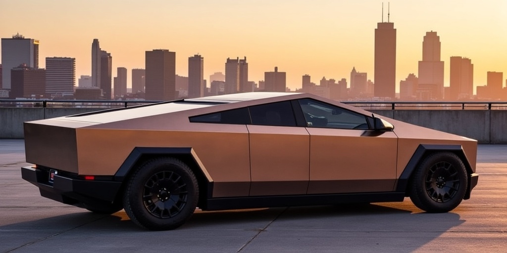 A futuristic, angular cybertruck with a copper finish is parked on an open rooftop. The city skyline is visible in the background at sunset, casting a warm glow over the scene.