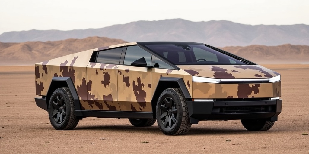 A futuristic, angular cybertruck with a camouflage paint job is parked on a desert landscape. Mountains are visible in the background under a clear sky.