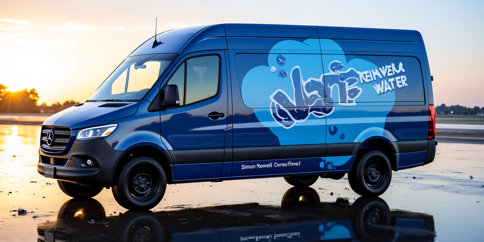 A blue delivery van with Whatever Water and large water splash graphics—a striking van wrap design—is parked on a wet, reflective surface at sunset. The van also reads, Simon Norvell Cares! Fitness! near the bottom.