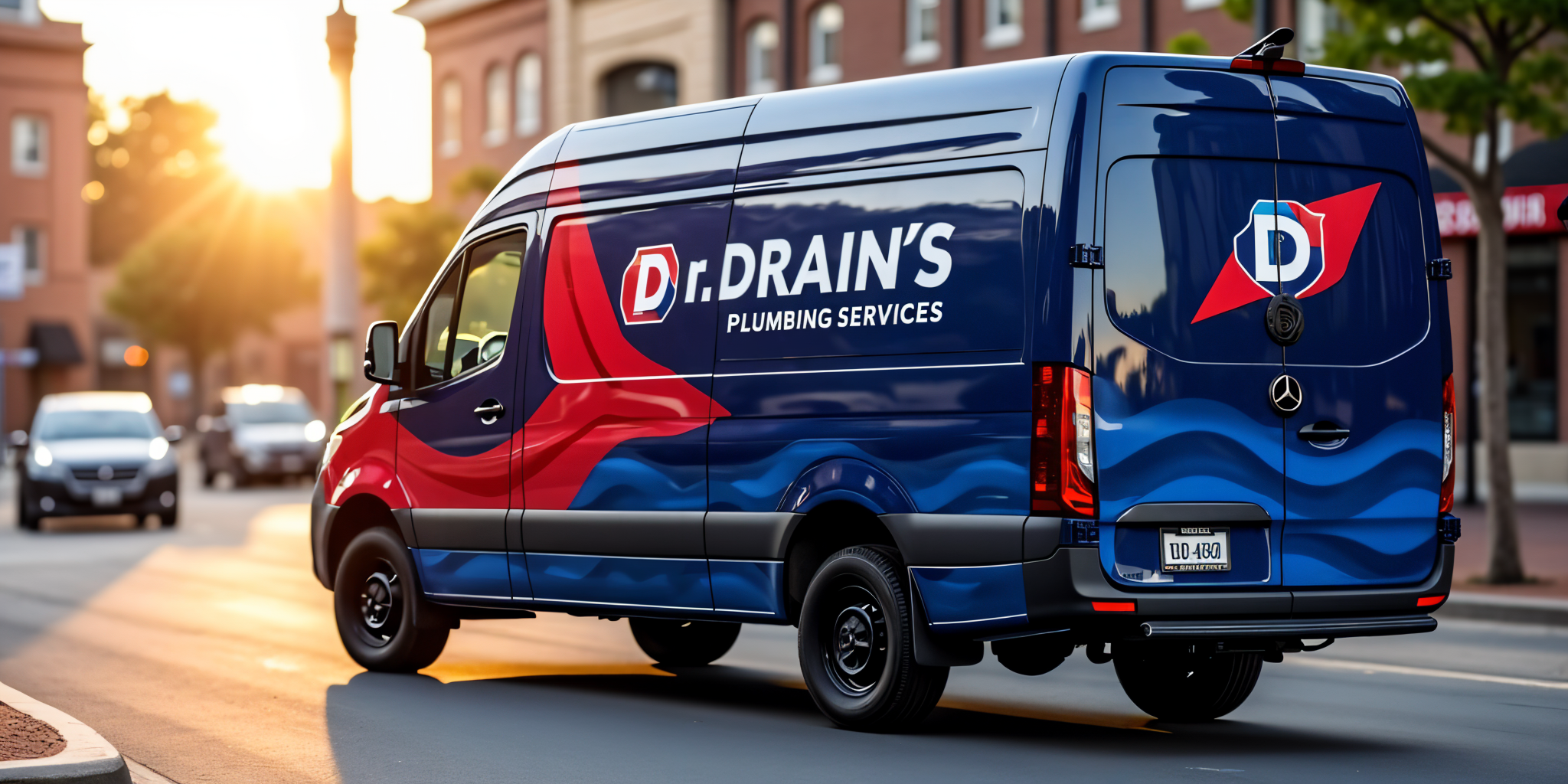 A blue and red Dr. Drains Plumbing Services van with striking vehicle wraps drives down a city street at sunset, passing buildings and other vehicles, with the company logo and contact details visible on the vans side.