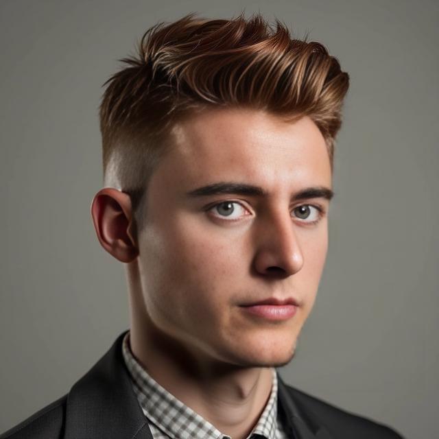 Create a realistic image with one person only, depicting a male with a face similar to the provided photo, showcasing the 'Crimson Crest' hairstyle which is a classic side part with a modern textured cut. The individual should have natural auburn hair with subtle highlights, short sides, and a textured, voluminous top.