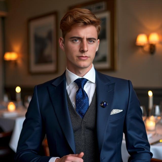 Depict a realistic image with a male person similar to the one provided, set in an upscale restaurant for a winter birthday dinner. He wears a 'Crimson Crest' hairstyle, a dark blue wool tailored suit, white slim-fit dress shirt, charcoal grey V-neck sweater, and a royal blue silk necktie with subtle geometric patterns. He is accessorized with sapphire accented silver cufflinks, a black leather belt, a slim silver tie clip, and is wearing black leather oxford shoes. The hair is neatly styled, with subtle texture and is of an auburn shade.