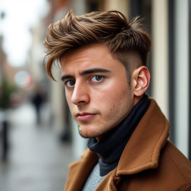 Create a realistic image with one male person only, featuring a chestnut brown textured quiff hairstyle with a subtle side part. The hair is short on the sides and longer on the top, providing moderate volume. The person should reflect an autumn vibe, wearing a stylish autumn outfit, set in an outdoor urban setting.
