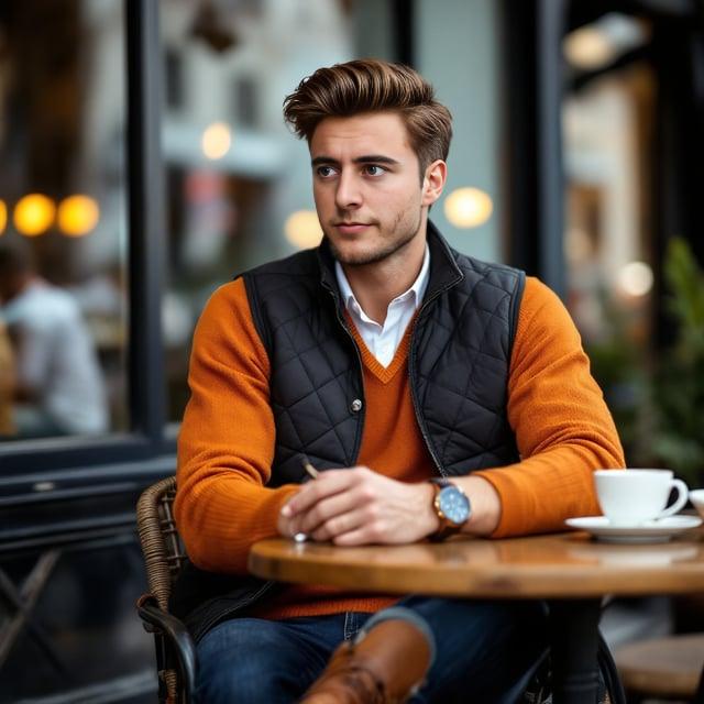Depict a realistic image with a male person enjoying brunch at an outdoor café. He has a chestnut brown textured quiff hairstyle with a subtle side part. He is wearing an orange merino wool sweater, a white oxford shirt, a black quilted vest, and slim-fit dark denim jeans. The outfit is complemented by brown leather chukka boots, a leather bracelet, and a casual watch.