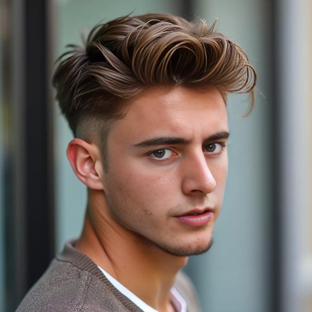 Create a realistic image with one person only, featuring a young male with a light brown textured quiff, moderate volume, and a taper fade on the sides and back to portray a relaxed, springtime look. The male has a similar facial structure and skin tone to the provided image.