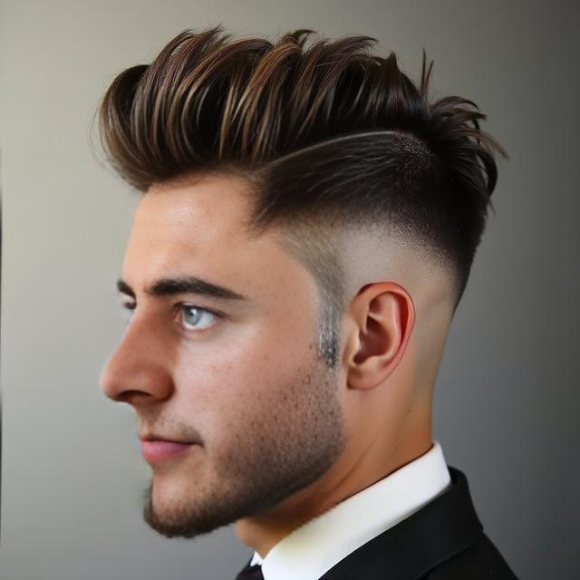 Create a realistic image with one person only featuring a male similar to the provided photo with a texturized modern quiff hairstyle including subtle caramel highlights, a gradual fade on the sides and back, and tailored sideburns.