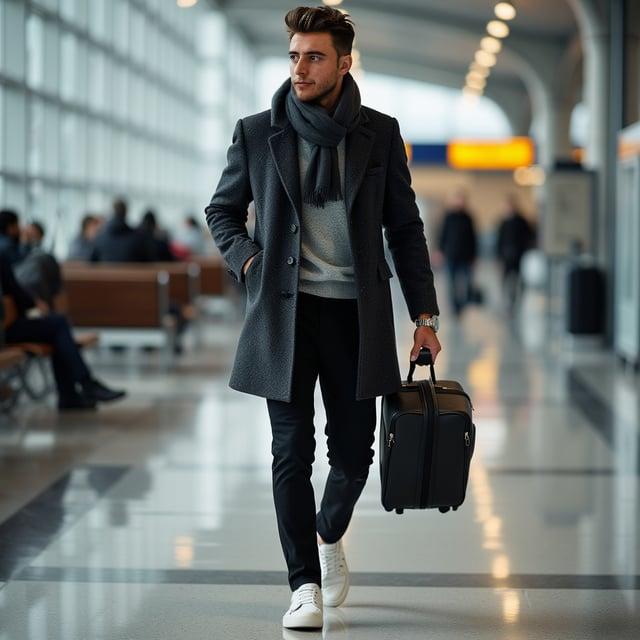 Depict a realistic image with a male person strolling through an airport terminal in winter wearing a modern quiff hairstyle with subtle highlights and a layered outfit consisting of a slim fit charcoal wool blend pea coat, heather grey cashmere sweater, white button-down oxford shirt, tailored black chinos, minimalist white leather sneakers, and complemented with a charcoal wool scarf and black leather strapped stainless steel watch.