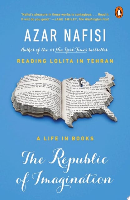 The book cover features an open book with pages forming the shape of the United States, symbolizing the connection between literature and American identity. It's set against a vibrant blue background.