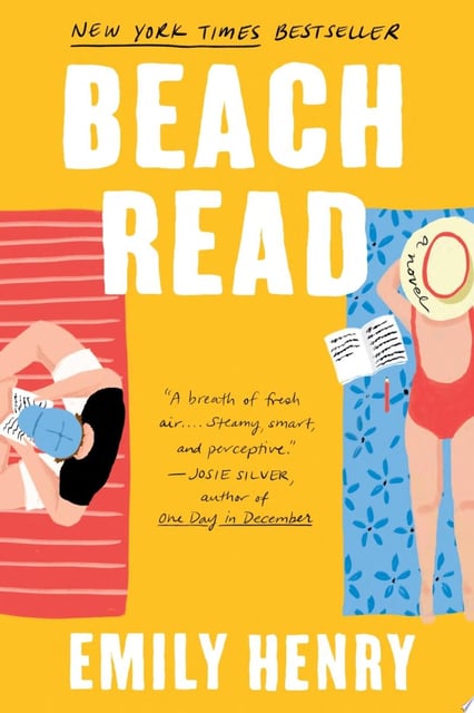 The cover features two individuals lying on beach towels, one in red and the other in blue. The yellow background enhances the beach theme, complemented by the red and blue elements. The title 'BEACH READ' is prominently displayed in bold, white typography, balanced by the author's name and a short quote to add credibility and interest.
