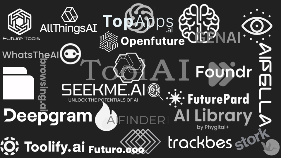 A collage of AI-related company logos on a dark background, featuring designs like brains and hexagons. Names include Future Tools, Openfuture, and AI Library. Perfect for an AI-powered book cover maker or digital book cover creator seeking inspiration in geometric patterns.
