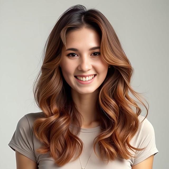 Create a realistic image with one person only, showcasing a woman with soft chestnut hair in long, loosely curled layers with side-swept bangs, the hair falls to mid-back, infused with subtle honey highlights. She has a joyful expression, resembling the provided gender and facial features.