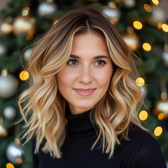 Create a realistic image with one person only, featuring a woman embodying a vibrant, festive spirit with medium-length honey blonde hair imbued with subtle caramel highlights, softly curled into layers that cascade playfully just past her shoulders.