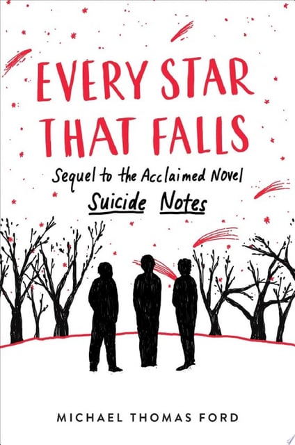 The cover features a minimalist illustration of three silhouetted figures amidst bare trees against a stark white background, interspersed with red stars.