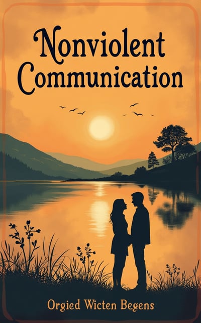 A book cover titled Nonviolent Communication shows a silhouetted couple holding hands by a lake at sunset, with birds flying and trees in the   background. Designed using an AI-powered book cover maker, the author is listed as Orgied Wicten Begens.