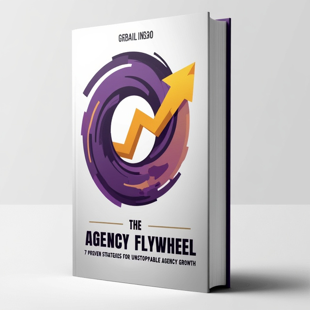 The cover features a bold and eye-catching flywheel arrow graphic in the center, representing the unstoppable growth of agencies. The arrow is designed in a dynamic and modern style, with shades of purple and gold to add an element of sophistication.