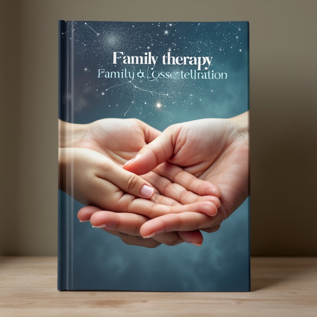 The cover features a close-up image of two hands, one adult hand and one child hand, holding each other. The hands are shown in a warm and comforting tone, creating a sense of empathy and connection. Above the hands, there is a constellation of stars, representing the family constellation and the interconnectedness of family members. The overall visual style is soft and soothing, creating a sense of warmth and comfort.