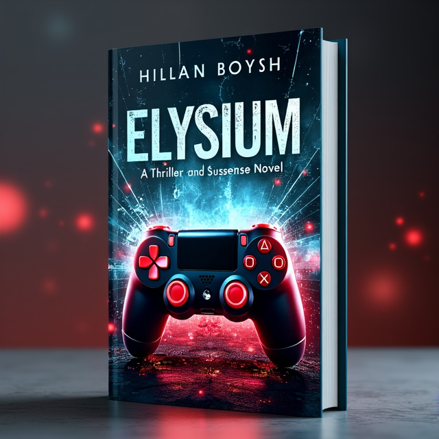 The cover features a close-up image of a video game controller with red buttons and an intense glow. Behind the controller, there is a shattered glass effect, revealing a chaotic and dangerous digital world. The title "Elysium" is displayed in bold, futuristic font, with a glitch effect to resemble a video game interface.
