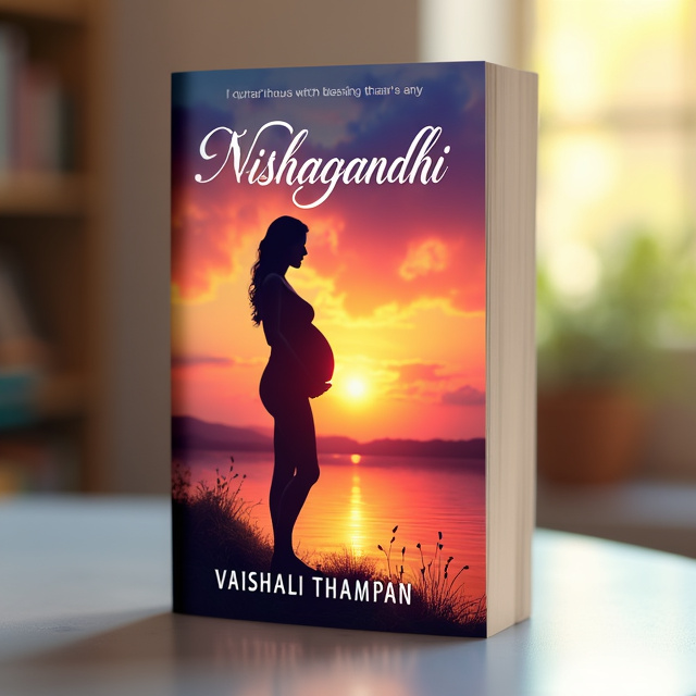 The cover features a stunning sunset scene with vibrant orange and pink hues. In the foreground, a pregnant lady stands with an aura of grace and strength. The setting sun casts a warm glow on her, highlighting the beauty of pregnancy and love.