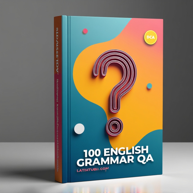 The cover features a vibrant and eye-catching background with a gradient effect, transitioning from warm to cool colors. Positioned at the center is a stylized illustration of a question mark, formed by intertwining lines, symbolizing the Q&A aspect of the book. The title "100 ENGLISH GRAMMAR Q&A" is placed below the illustration, using bold and modern typography, while the author's name "LATIHTUBI .COM" is placed at the bottom in a sleek and elegant font.