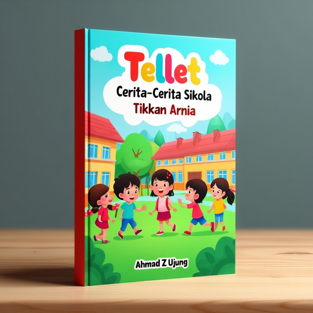 The cover features a vibrant and cheerful illustration of a school scene, with children playing and learning in a green schoolyard. The title "Tellet Cerita-Cerita Sikola Tikkan Arnia" is prominently displayed in colorful and playful fonts at the top of the cover. The author's name, Ahmad Z Ujung, is placed at the bottom in a more elegant and legible font.