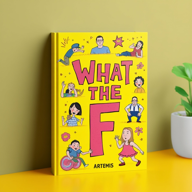 The cover features a vibrant and cheerful yellow background with a bold and playful typography for the book title "WHAT THE F". The title is placed in the center of the cover, with the "F" emphasized in a contrasting color and larger size. Surrounding the title are various whimsical and humorous illustrations depicting different scenarios and characters from the book. The illustrations are colorful and exaggerated, capturing the essence of the book's comedic nature.