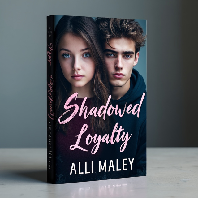 The cover features a split design with half of the cover showing a teenage girl with a mysterious expression, and the other half showing a teenage boy with a contemplative look. The top half of the cover is darker, representing the shadowed loyalty, while the bottom half is more optimistic, symbolizing the potential romance.