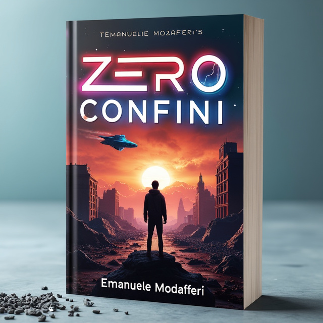 The cover features a striking image of a desolate Earth, with crumbling buildings and a dark, ominous sky. In the foreground, we see Manu, the protagonist, standing tall and determined, with a glimmer of hope in his eyes. Surrounding him are symbols of his journey, such as an ancient artifact and a spaceship. The overall style is futuristic and dynamic, capturing the sense of adventure and mystery in the story.